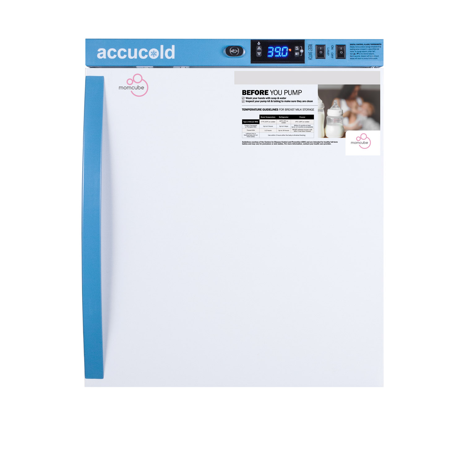 Purpose-built all-refrigerator for breast milk storage with 2 adjustable shelves, antimicrobial silver-ion handle, and a hospital grade cord with 'green dot' plug